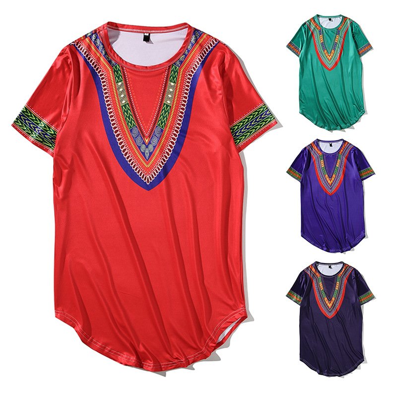 New men's tiled African ethnic style long short-sleeved hip-hop T-shirt T322