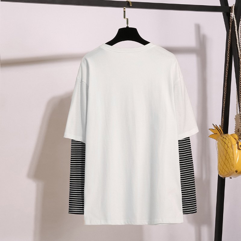 2022 autumn new fake two-piece tops 300 kg plus size women's striped stitching printing long-sleeved T-shirt women