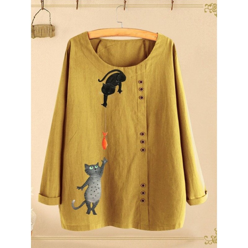 New style cotton and linen printed T-shirt, round neck long sleeve women's loose printed top