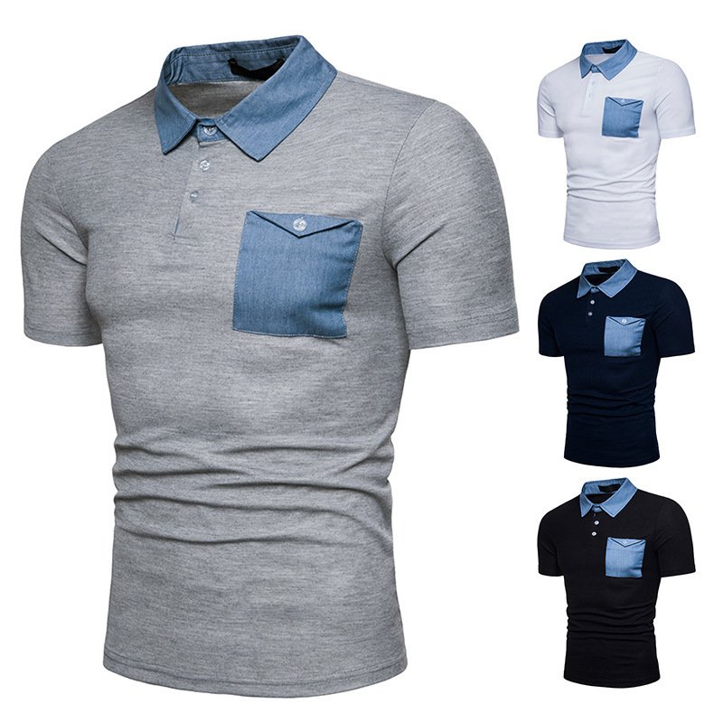 New fashion denim stitching men's lapel short sleeve POLO Q13