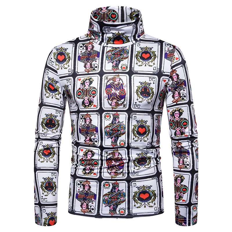 New men's large size 3D nine square grid playing card printing high neck long sleeve T-shirt bottoming shirt L15