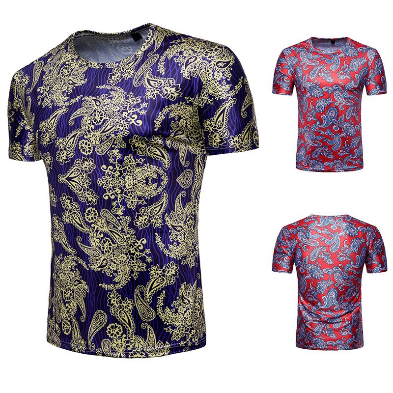 Foreign trade men's 3D printing short-sleeved T-shirt, gold cashew flower printing, palace style printing T428