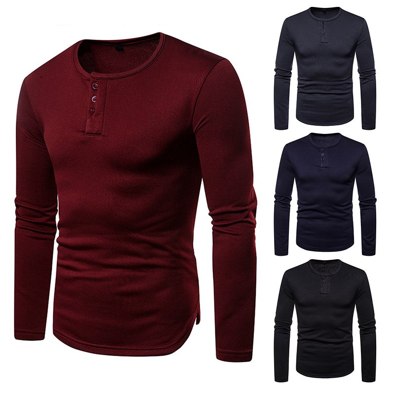 Cross-border men's plus size plus velvet warm henley collar long-sleeved T-shirt bottoming shirt Q119