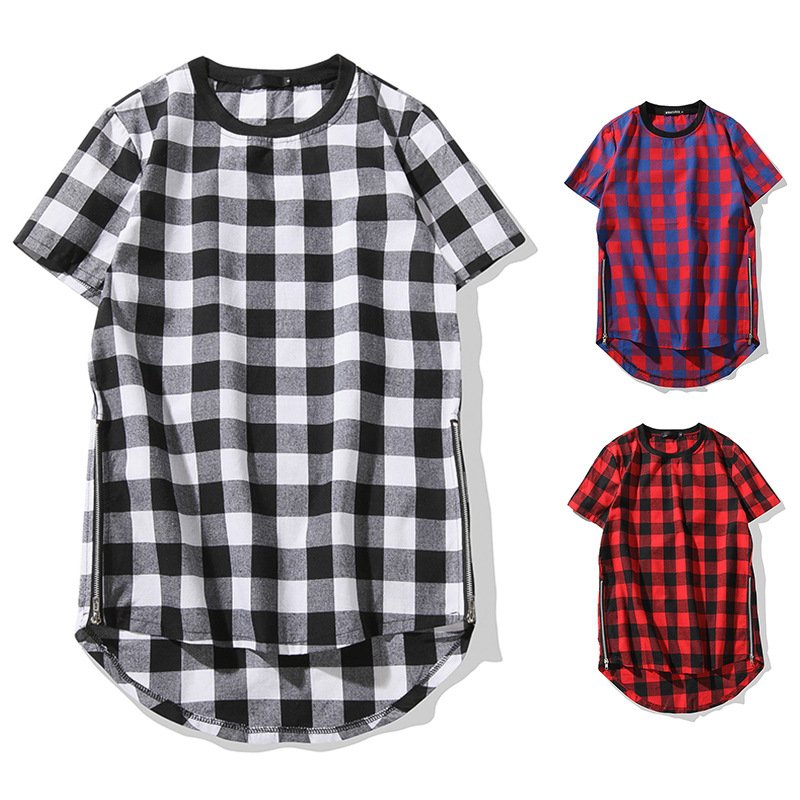 2022 summer new product men's high street long plaid double side zipper round neck arc short sleeve T-shirt B53