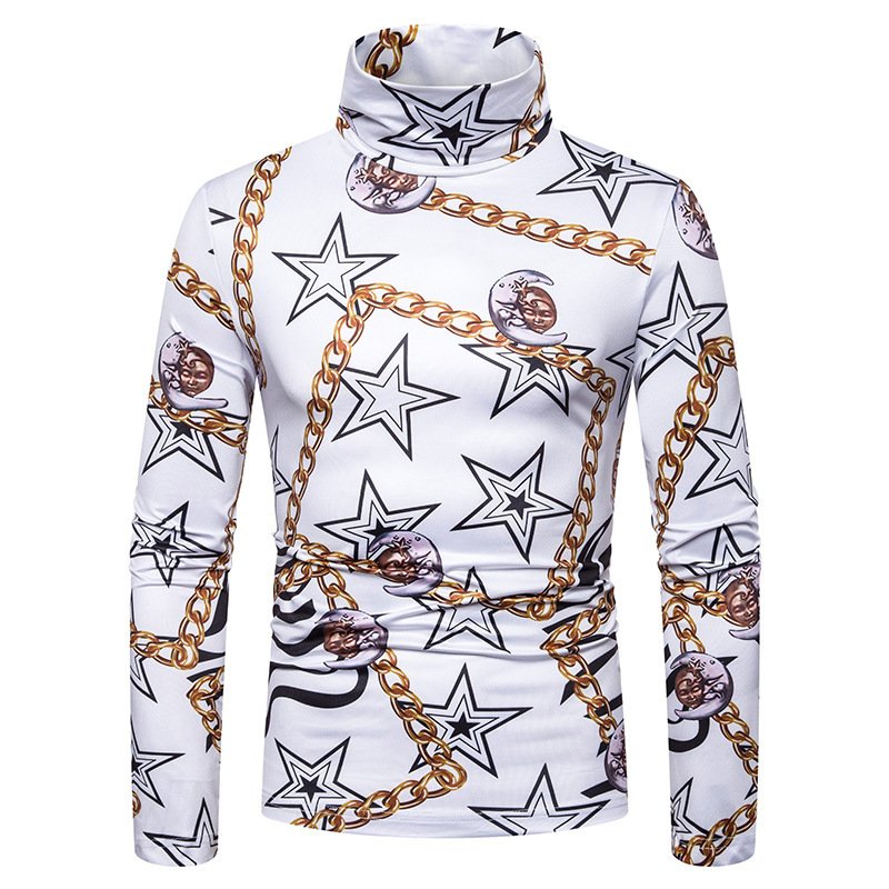 New men's large size 3D star chain print high neck long sleeve T-shirt bottoming shirt L21