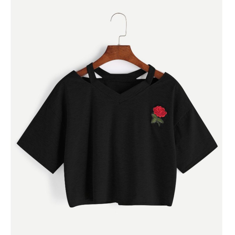 Sexy embroidered rose flower short T-shirt