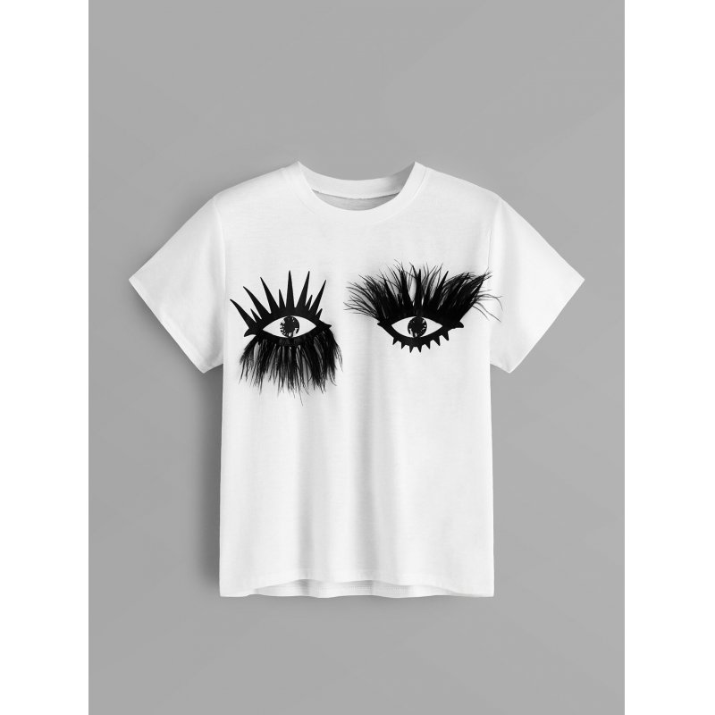 New summer short-sleeved T-shirt with feather decoration