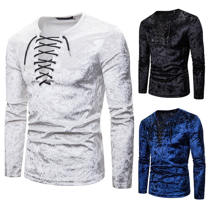 New Men's Diamond Velvet European Size Loose Shoelace Long Sleeve T-shirt D70