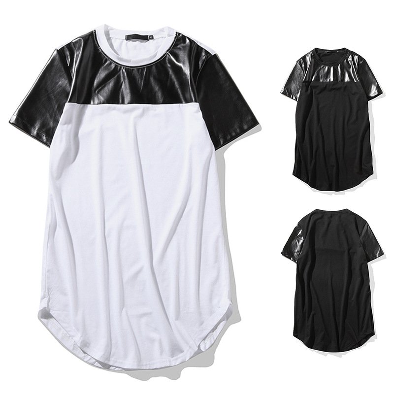 2022 flat summer new men's round neck short-sleeved high street arc hem solid color leather T-shirt B106