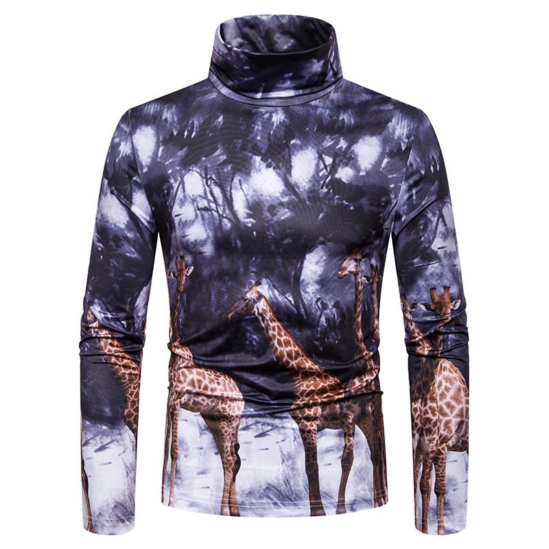 New men's plus size 3D giraffe print high neck long sleeve T-shirt bottoming shirt L04