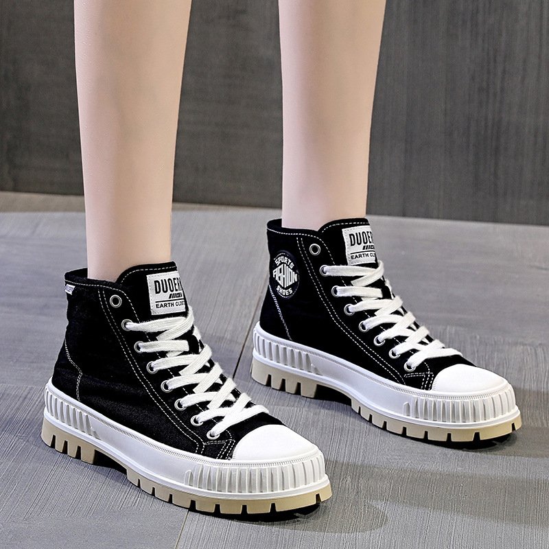 New canvas shoes women's trendy shoes high-top college style flat casual boots sports thick-soled trendy sneakers