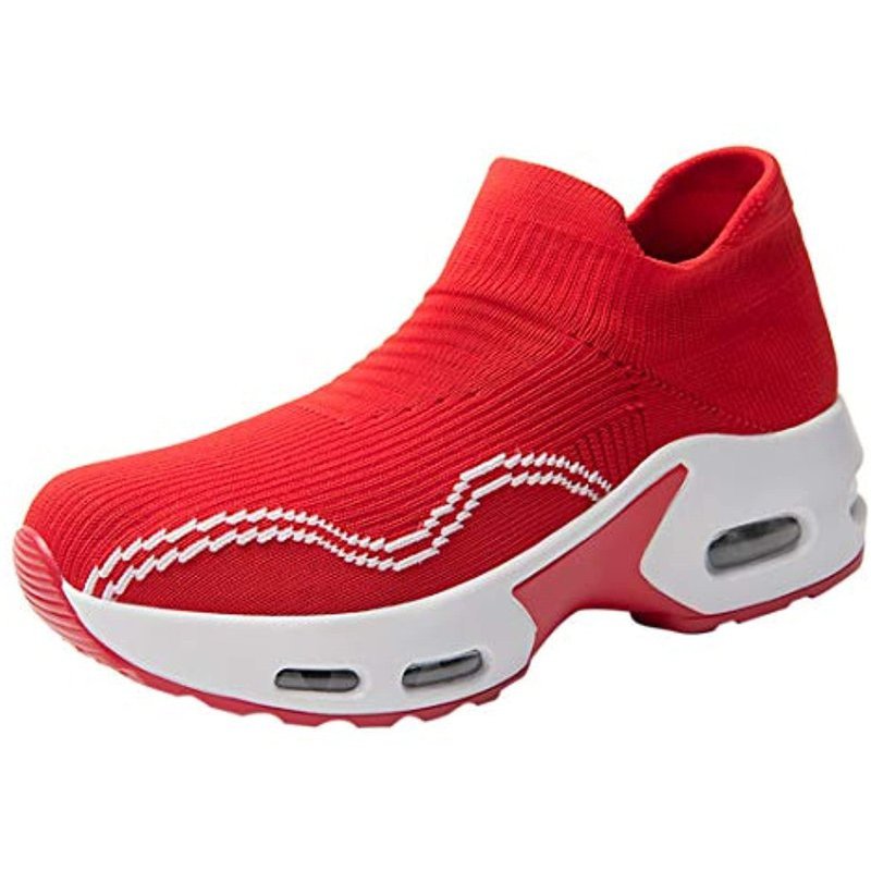 Womens Walking Shoes Sock Sneakers Slip On Mesh Air Cushion Platform Comfort Wedge Walking Shoes Red